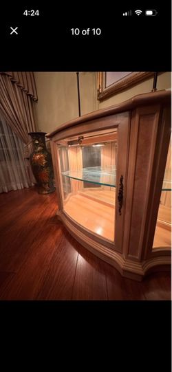 Curved Burl Wood Lighted Display Cabinet