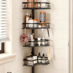 Corner Shower Caddy Tension Pole - 4-Tier Shower Corner Shelf for Bathtub Bathroom Shower Organizer - Adjustable 34in-120in, Space Saving Bathtub Acce