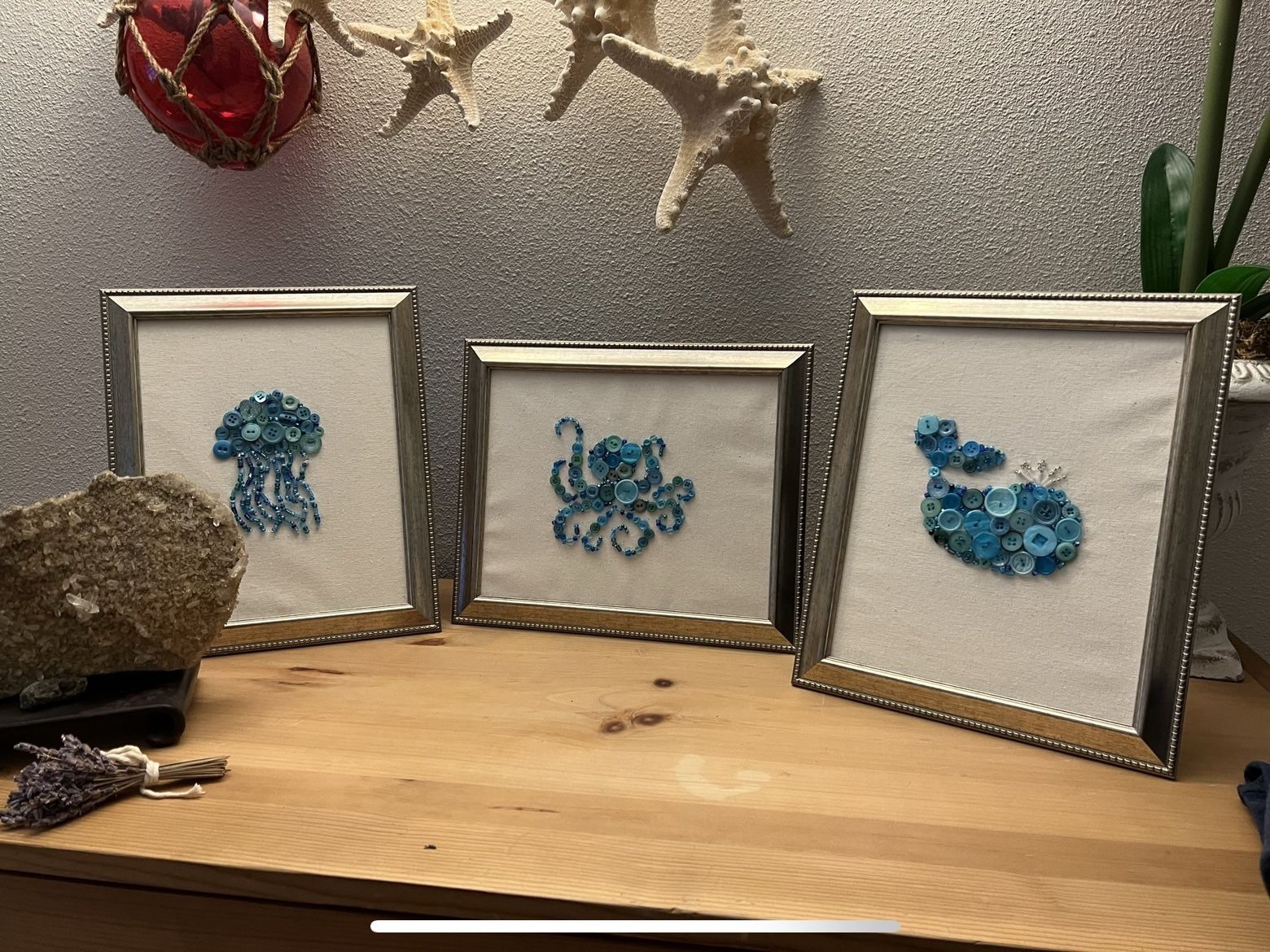 8x10 Framed Handmade Sea Nautical Button Art. Whale Octopus Jellyfish