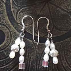 925 S. Silver Freshwater Cultured Pearls  and Crystals Double Drop Earrings. EUC