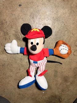 vintage 1990s Mattel ArcoToys "Home-Run Mickey" plush doll dressed in a baseball uniform