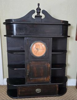 Vintage Hanging Wooden Curio Cabinet with Clock