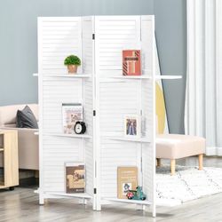  4 Panel 67" Tall Wood Privacy Screen Room Divider with 3 Shelves and Folding Storage for Bedroom, White