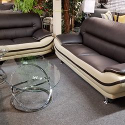 Brand New Brown/Biege Bonded Leather Modern Sofa + Loveseat 2PCs Set