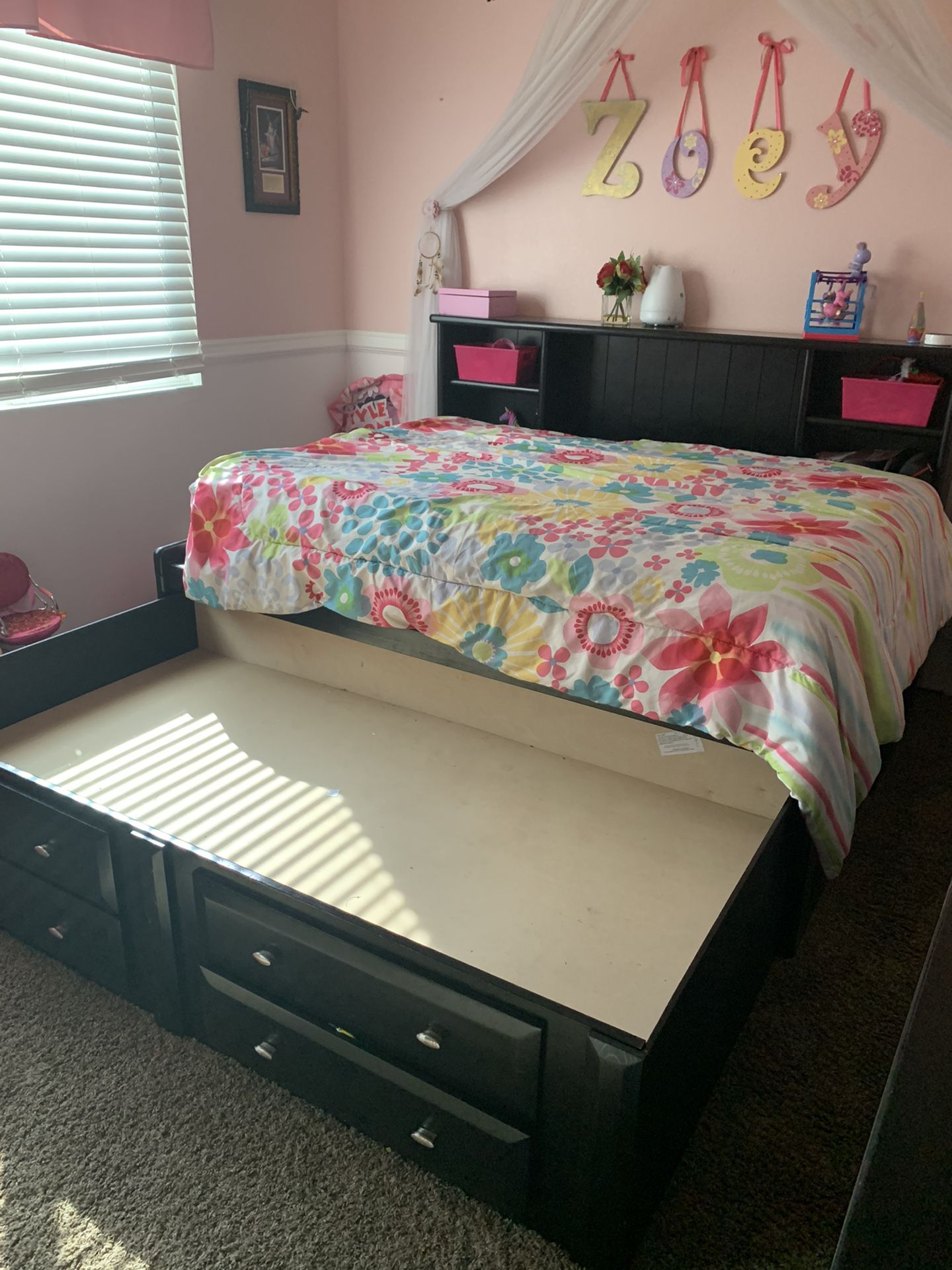 Black full size bed frame w/ twin trundle