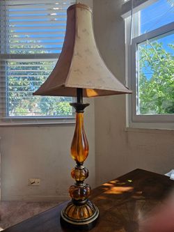 Amber Glass Table Lamp with Bell Shade
