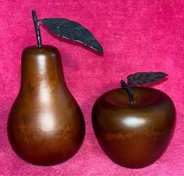 Decorative Wood Fruit 4” Apple and 7” Pear with Metal Stems Like NEW!