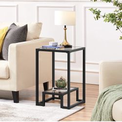 Glass Side Table, Tempered Glass End Table with Shelf and Sturdy Metal Frame, Modern Elegant Accent Snake Table Small Coffee Table for Living Room Hal