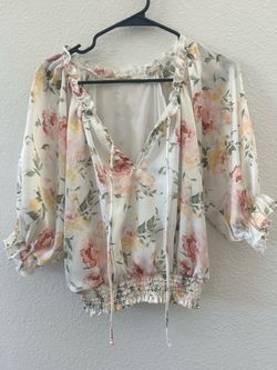 Floral Satin Blouse with Smocked Hem side medium