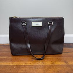 DKNY Dark Brown Leather Tote with Gold Plate