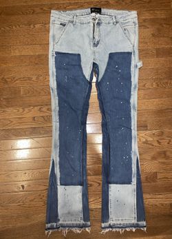 Money Dreams paint splatter distressed stacked jean