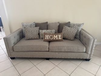 Gray Fabric Sofa with Nailhead Trim