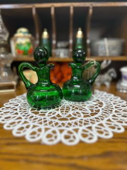 Emerald Green Glass Cruet Bottles with Ball Stoppers - Set of 2