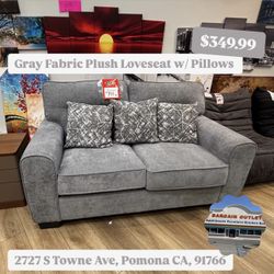 Gray Plush Fabric Loveseat With Pillows 