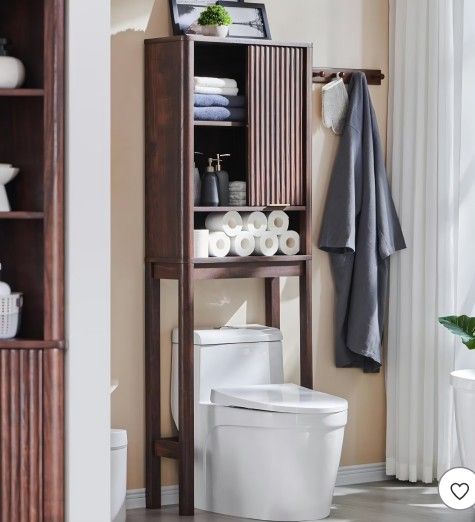 Bathroom Storage Cabinet with Sliding Door, Modern Bathroom Storage Organizer Toilet Rack with Adjustable Shelf