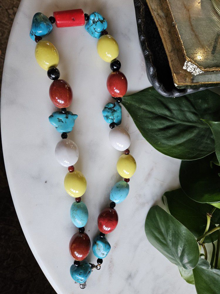 Chunky Genuine Turquoise And Stone Necklace