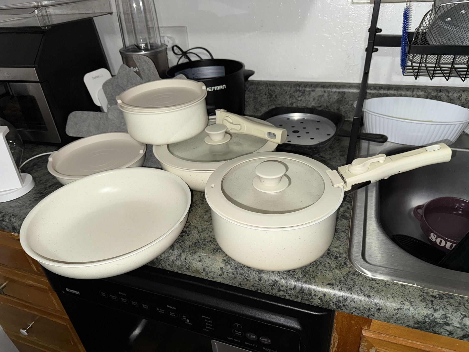 Ceramic Nonstick Cookware Set with Removable Handle & Granite-like Light Beige Coating 