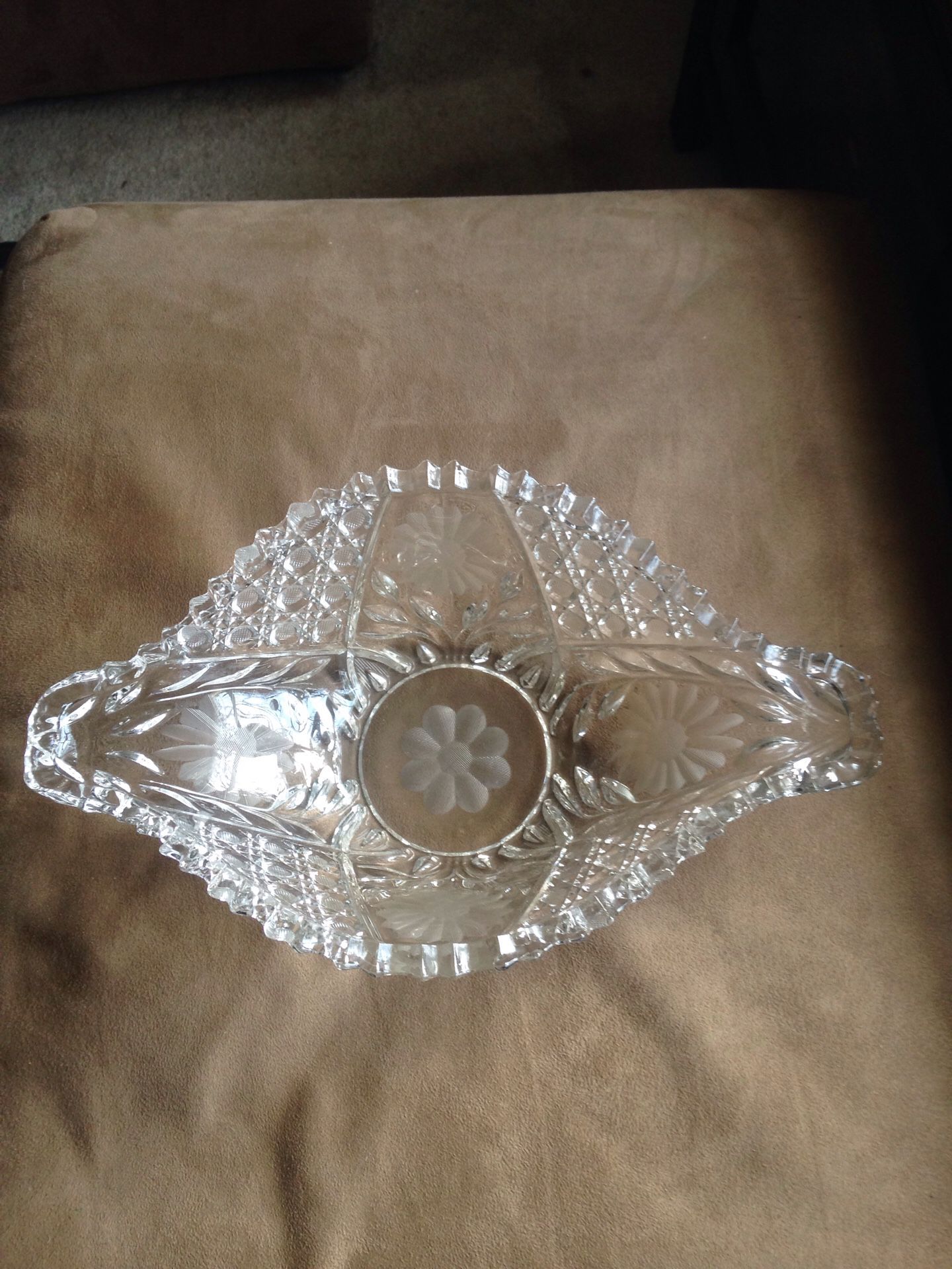 Vintage collectible handmade cut glass fruit bowl 14x8"