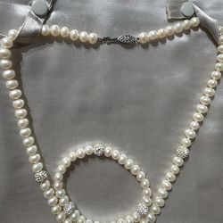 Pearl Diamond Accent Necklace And Bracelet Set