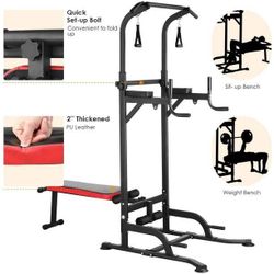 Adjustable Power Tower Pull Up Bar Dip Station with Bench, Multi-Function Home Gym Strength Training Fitness Equipment - 400 lbs
