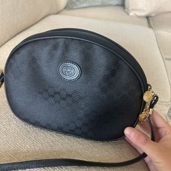 Gucci Black Leather Bag Embossed w Logo Gold Charms