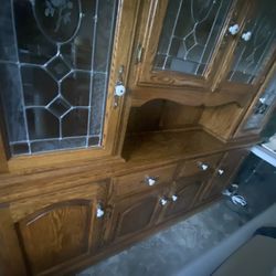Oak and Leaded Glass Lighted 2 Pc Buffet 