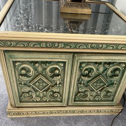 Antique Green Carved Wood End Tables