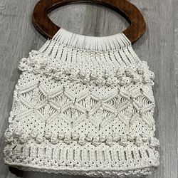 Vintage Macrame Purse With Oval Wood Handles