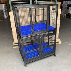 (NEW) $370 Stacking Dog Cage (Set of 2) Heavy Duty 41x31x65” Crate Kennel w/ Plastic Tray, Wheels