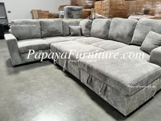 NEW LARGE U Shape Sectional with Storage CHAISE Set and Pullout Sleeper Bed Light Grey Fabric BIG SALE Under Seat Sofabed Adjustable Ashley Style