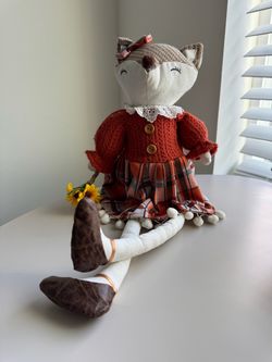 Large 20” Fall Fox Shelf Sitter Decor – Plaid Dress & Sunflowers