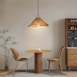 New 14.57”W 1 Light Boho Woven Pendant Lighting Rattan Chandelier Hanging Lamp, Handmade Natural 
