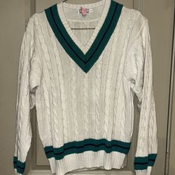 Vintage cable-knit cricket sweater with green and navy blue V-neck, cuff, and hem stripes size L  