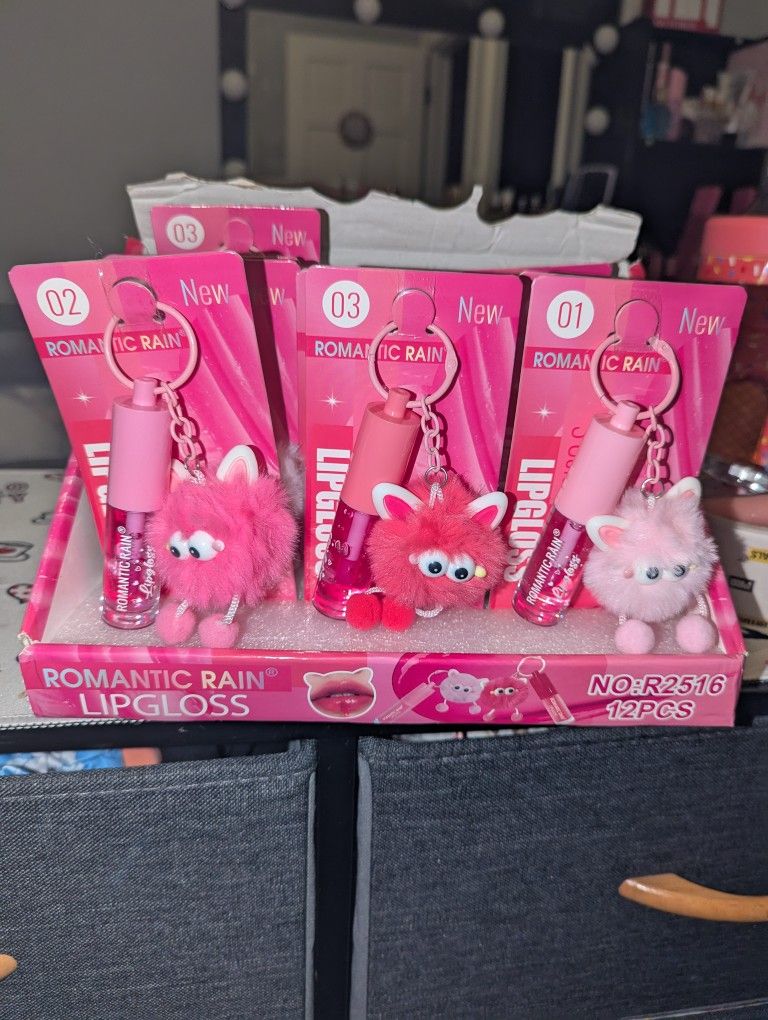 Cute Fuzzy Lipgloss With Keychain 