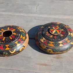 Pair of Hand-Painted Wooden Candle Holders – Kashmiri Style Folk Art Decor
