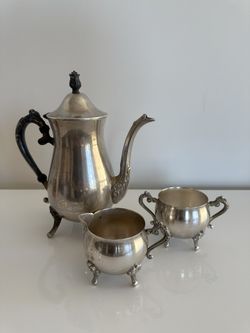 Vintage Leonard Silver Plate Coffee Tea Set 3pc Ornate Footed Creamer Sugar