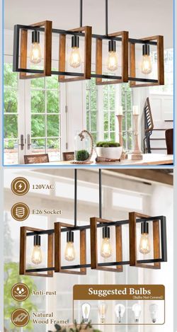 SOGOTING 32" Farmhouse Kitchen Island Lighting Adjustable Dining Room Light Fixtures, 4-Light Rustic Wood and Black Metal Rectangular Chandelier Moder