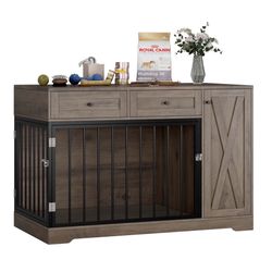 Dog Crate with Storage Cabinet and 2 Drawers, Indoor Furniture Style Wooden Large Dog Kennel, Wash Gray