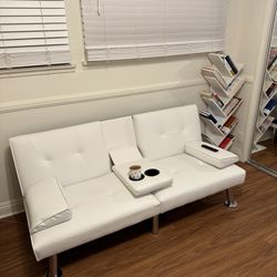 Convertible White Leather Sofa Bed / Couch