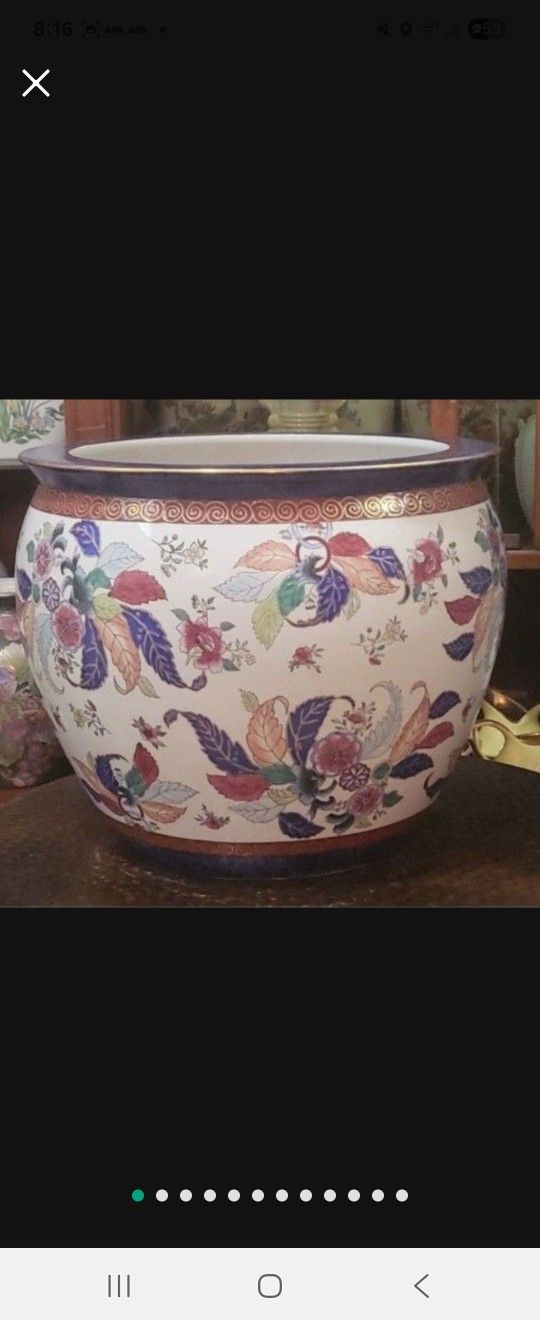 12" x 16" Vintage Porcelain Chinese Tobacco Leaf Design Fish Bowl Planter