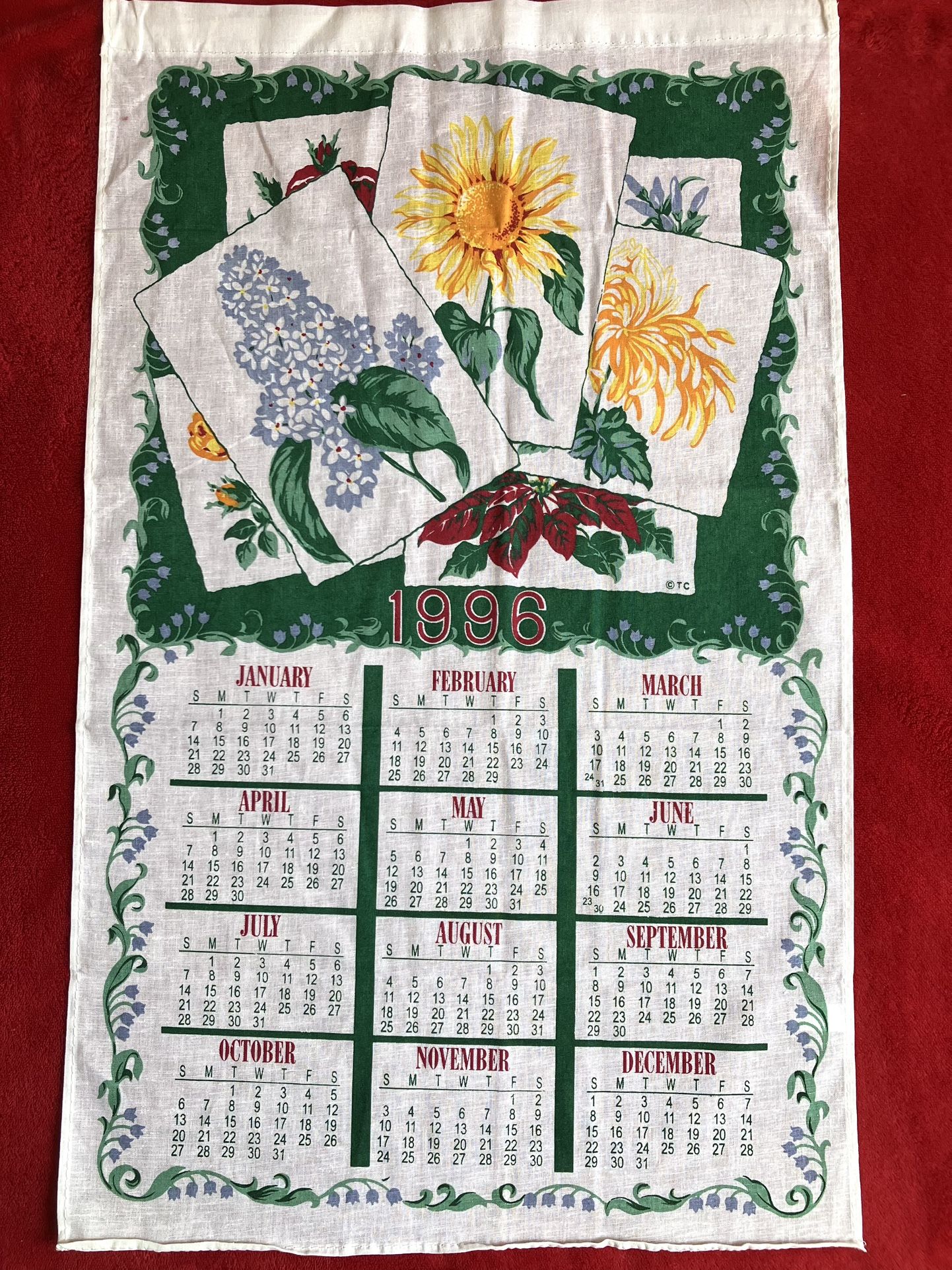 VINTAGE - NEW - CALENDAR 1996 FLOWER KITCHEN TEA TOWEL - 15"W x 25"H ‼️