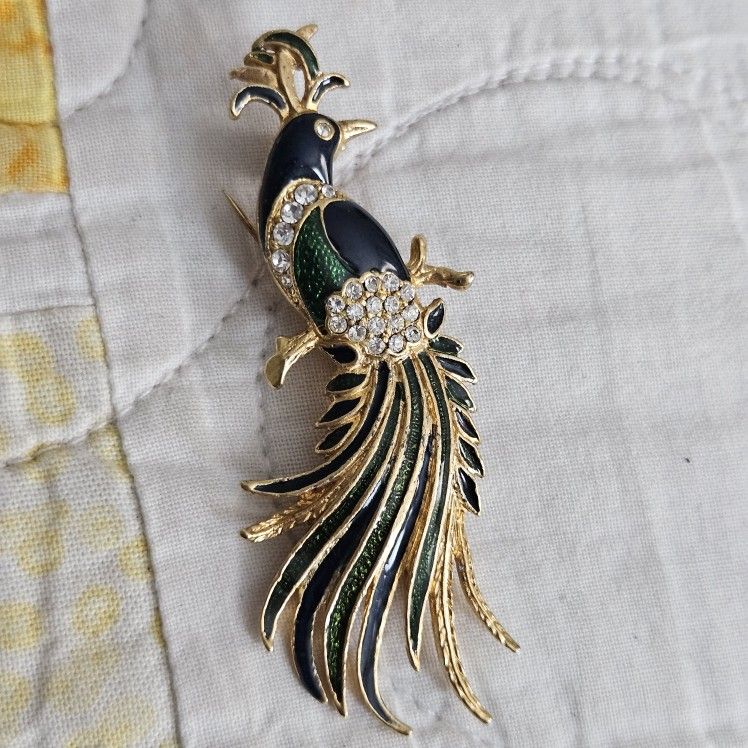 Vintage Gold Tone Enamel Rhinestone Peacock Brooch