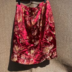 Vintage Newport News Asian Style Quilted Long Skirt Red Satin Yellow Design Wome