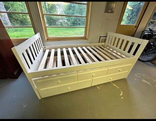 White Wood Twin Bed Frame with Drawers