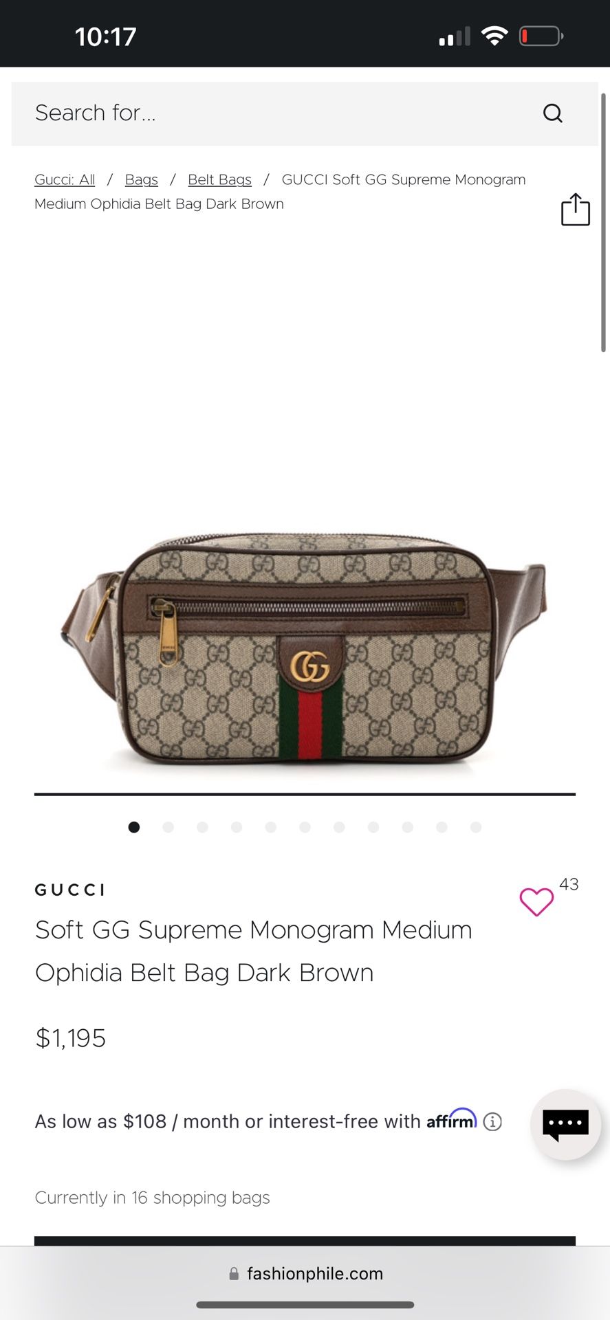 Soft GG Supreme Monogram Medium Ophidia Belt Bag Dark Brown