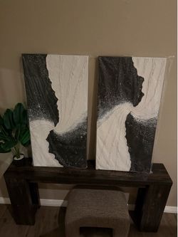 Set of 2 Creespi Hand Painted Black & White Abstract Canvas Wall Art 24x36in Each - Textured Ocean Wave Landscape Oil Painting Home Wall Decor BRAND N