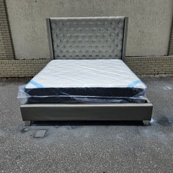 Silver King Size Sofia Vergara Upholstery Bed Frame With Brand New King Size Plush Pillow Top DreamCloud Premier  Rest Mattress And Box Spring In Pla