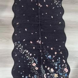 New Black Floral and Butterfly Scalloped Runner Rug