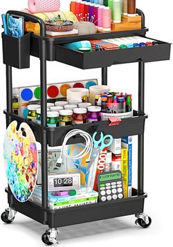 Elegant 3 Tier Rolling Storage Cart with Removable Drawers & Lockable Wheels