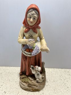 Vintage Porcelain Woman with Fruit and Dog Figurine